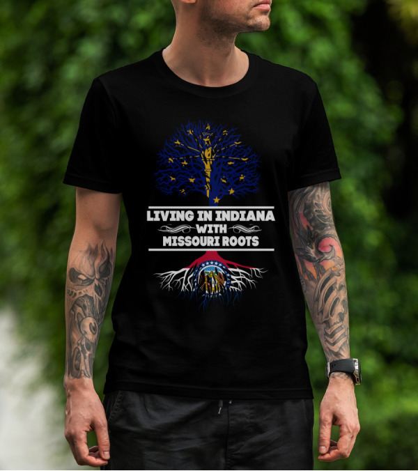 Indiana Stars And Tree With Missouri Flag Roots Fusion T-Shirt