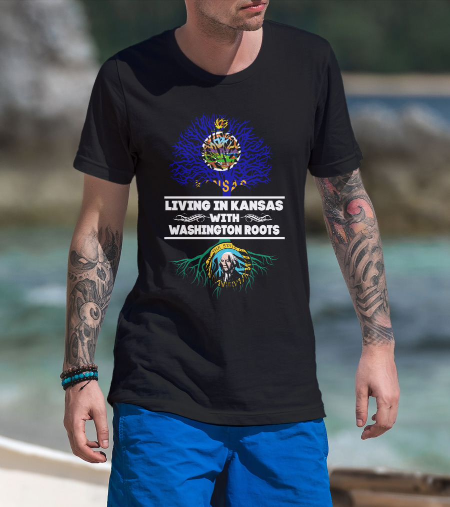 Kansas State Flag Over Washington State Seal Roots: Living In Kansas With Washington Heritage T-Shirt
