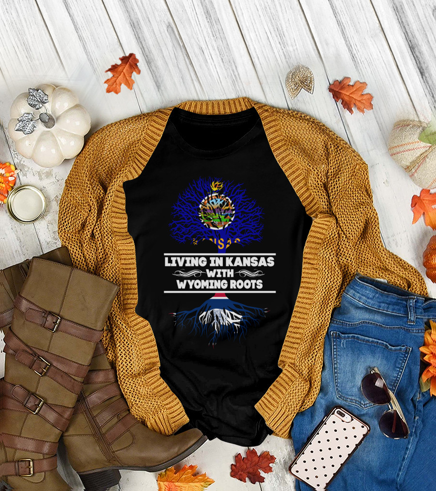 Kansas State Emblem on Blue Tree with Wyoming Flag Roots Connection T-Shirt