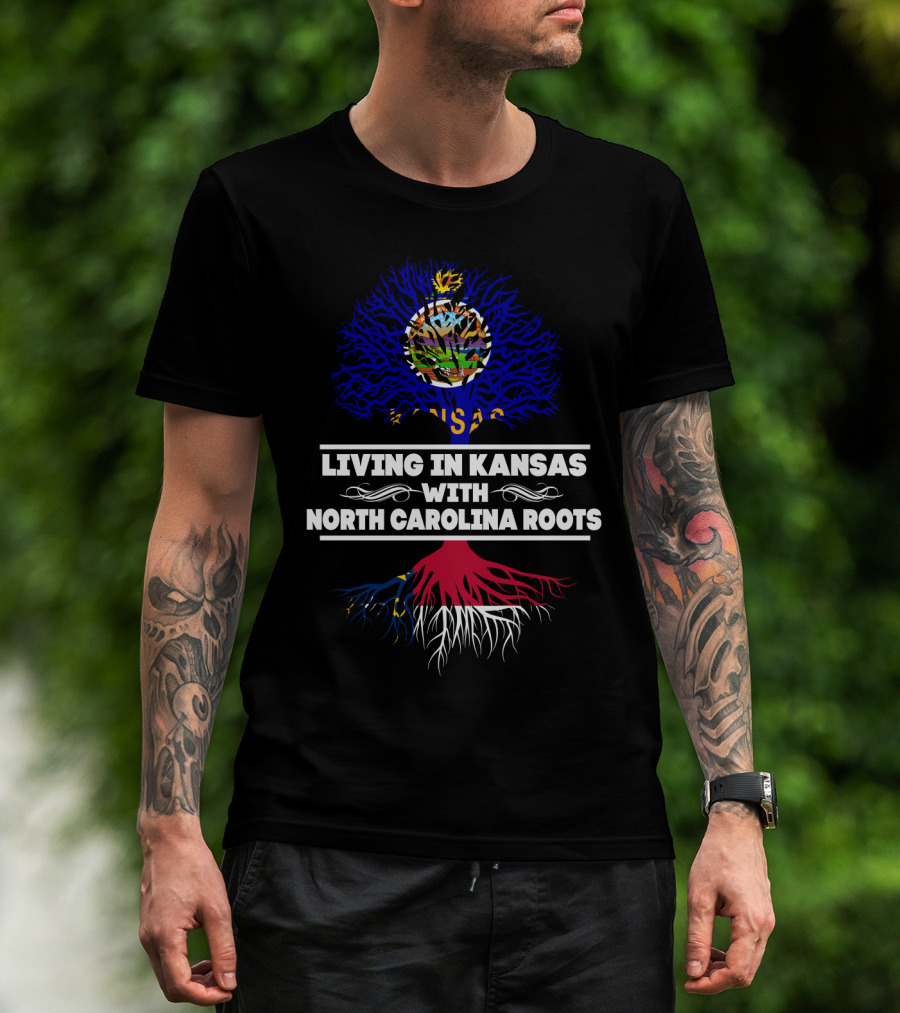 Kansas Living Embraced By North Carolina Roots With State Flag Tree T-Shirt