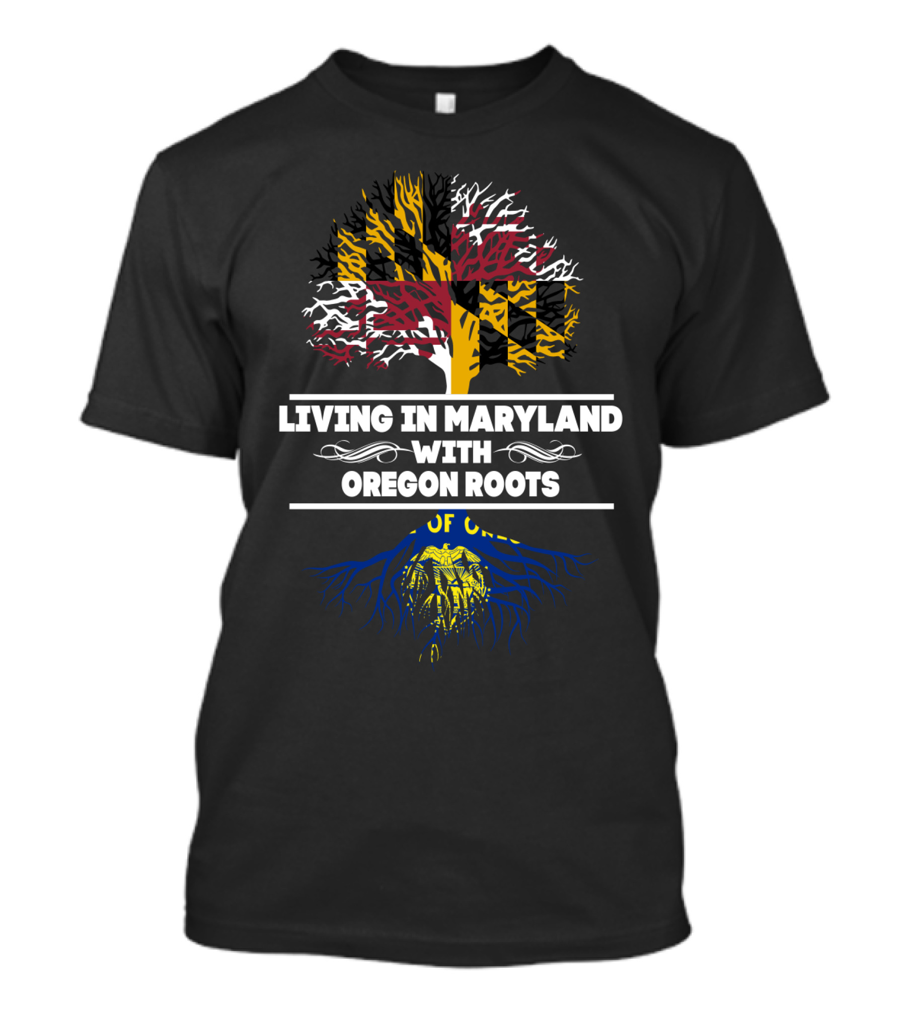 Living In Maryland With Oregon Roots Flag-Inspired Tree T-Shirt