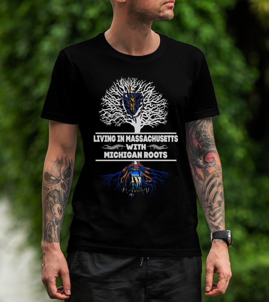 Living In Massachusetts With Deep Michigan Heritage Emblem Tree T-Shirt