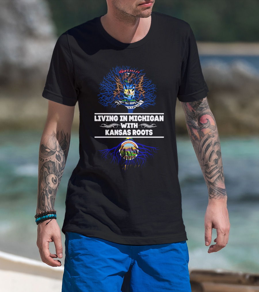 Michigan Living Kansas Roots Featuring State Seals And Tree T-Shirt