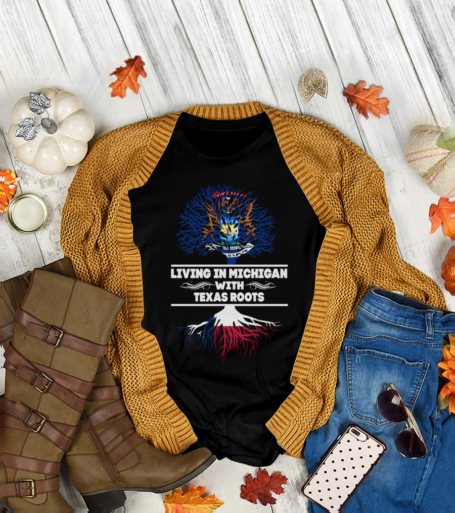 Living in Michigan with Texas Roots Embracing Blue and Red Tree of Life and Michigan State Crest T-Shirt