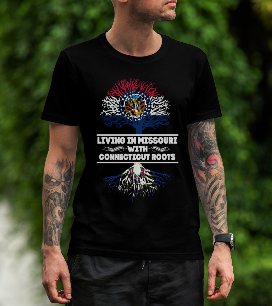 Missouri Pride With State Flag Top Tree And Connecticut Origin Roots T-Shirt