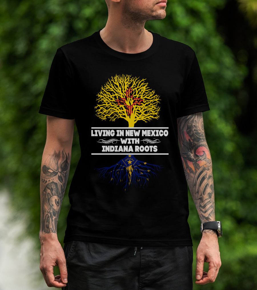 Living In New Mexico With Indiana Roots Featuring Zia Symbol And Torch Motif T-Shirt