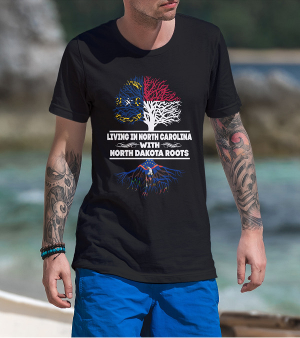 North Carolina State Flag And Tree With North Dakota Eagle Roots Connection T-Shirt