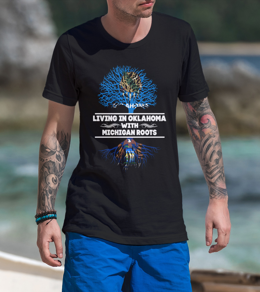 Oklahoma Life With Deep Michigan Heritage Connection Featuring Blue Tree And State Symbols T-Shirt