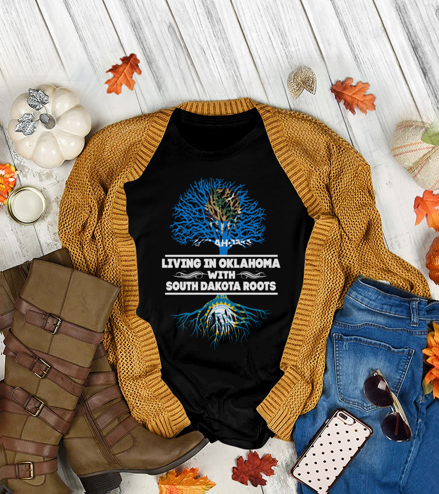 Living in Oklahoma Proudly Embracing South Dakota Roots with State Seals and Tree T-Shirt
