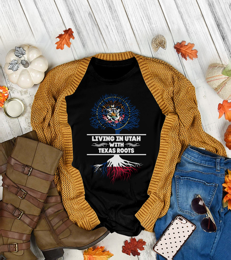 Living in Utah with Texas Roots Utah State Seal Tree T-Shirt