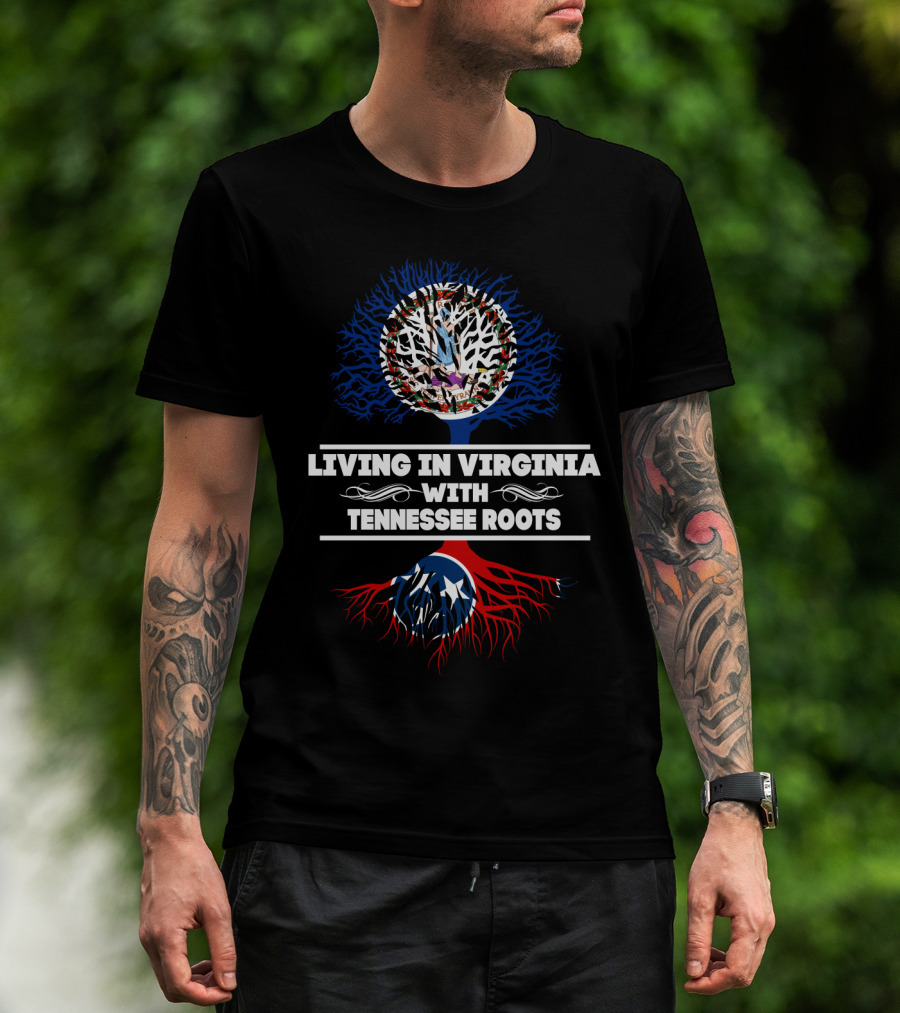 Living In Virginia With Tennessee Roots Tree Design Featuring American Flag Elements T-Shirt