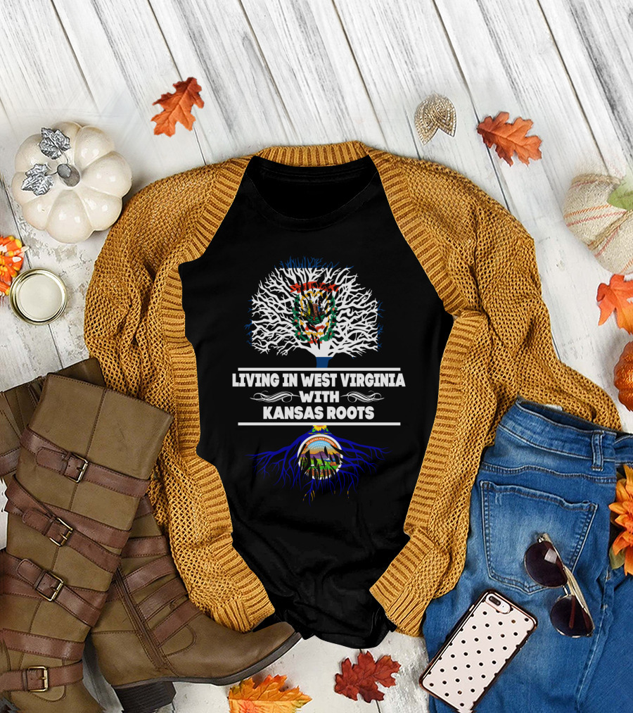 Living in West Virginia With Kansas Roots West Virginia and Kansas State Crests Tree T-Shirt