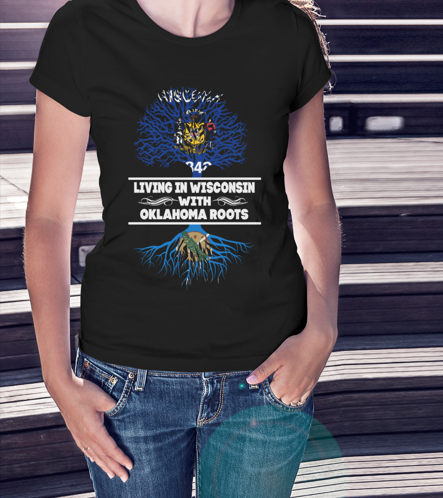 Wisconsin State Pride With Oklahoma Heritage Featuring State Flags And Tree Roots T-Shirt