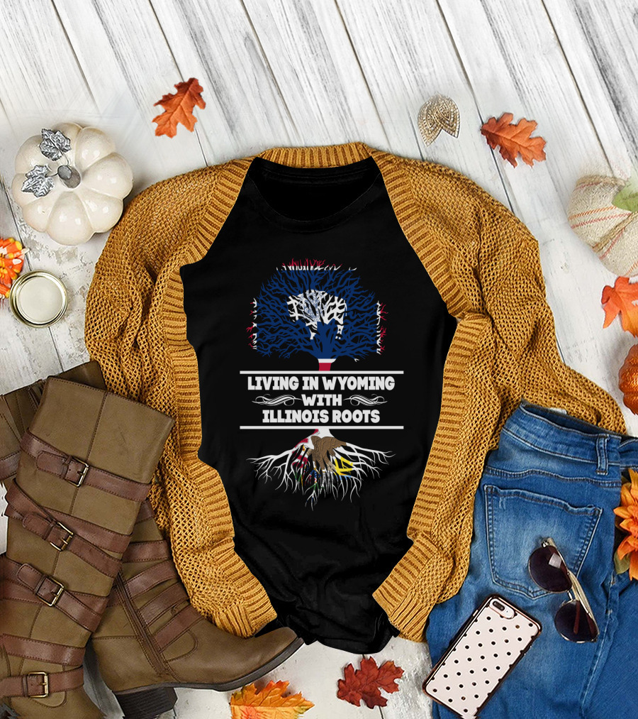 Living in Wyoming with Illinois Roots State Flags Tree T-Shirt