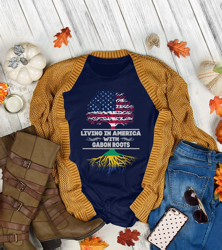 Living in America with Gabon Roots Tree Design Stars and Stripes Flag with Gabonese Colors T-Shirt