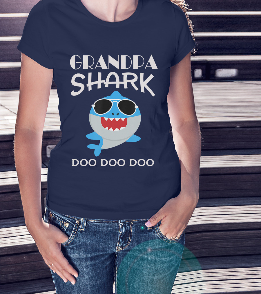 Grandpa Shark Doo Doo Doo Cool Sunglass-Wearing Blue Shark T-Shirt