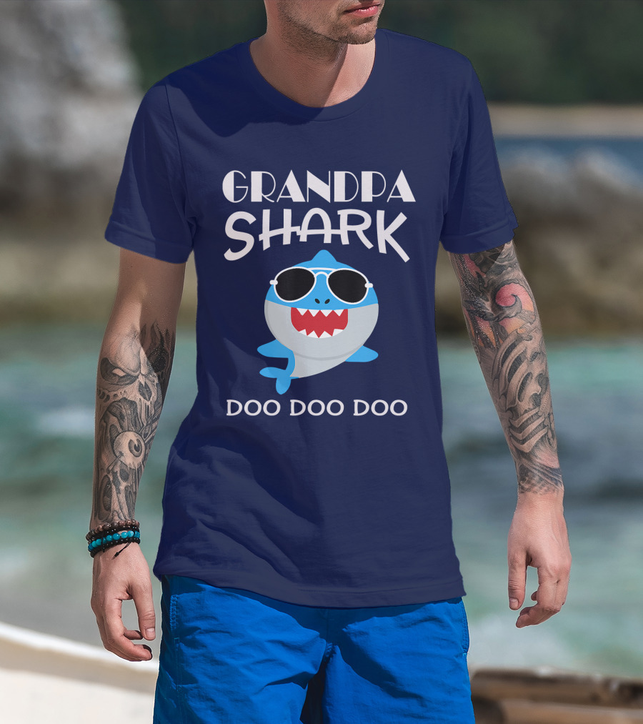 Grandpa Shark Doo Doo Doo Cool Sunglass-Wearing Blue Shark T-Shirt