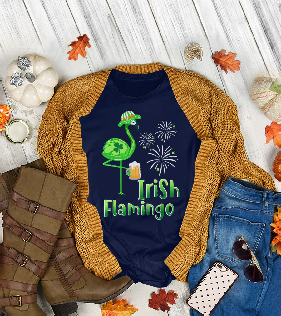 Irish Flamingo Drinking Beer St Patricks Day Shamrock Fireworks T-Shirt