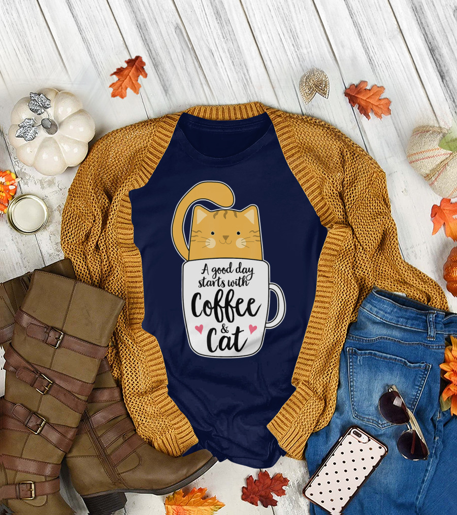 Funny Orange Cat A Good Day Starts with Coffee and Cat T-Shirt