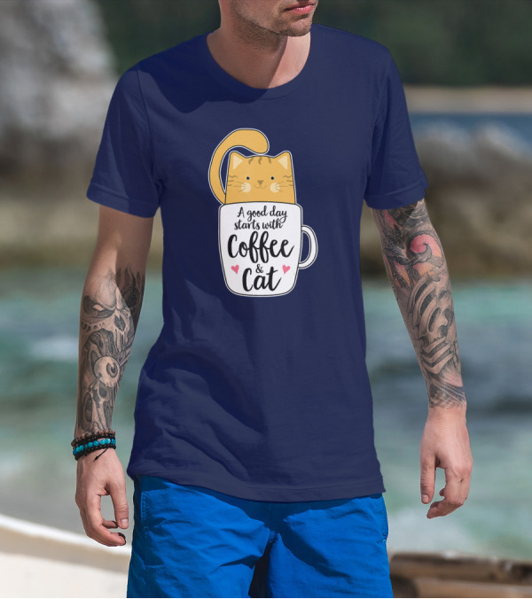 Funny Orange Cat A Good Day Starts With Coffee And Cat T-Shirt