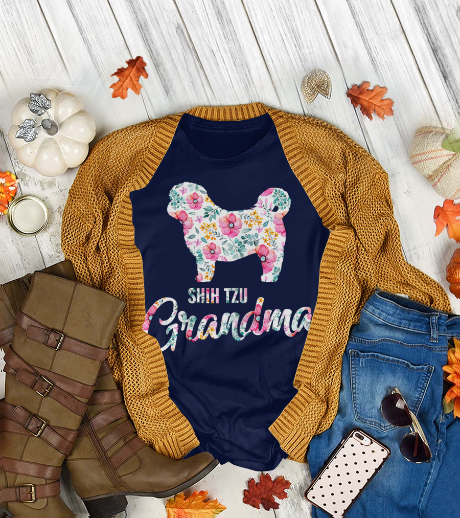 Shih Tzu Grandma Floral Dog T-Shirt