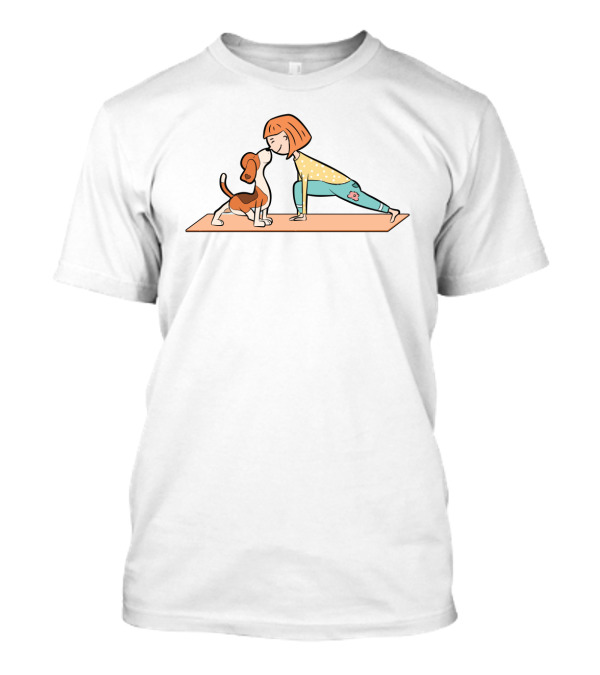 Cartoon Beagle And Girl Performing Yoga Pose On Mat T-Shirt