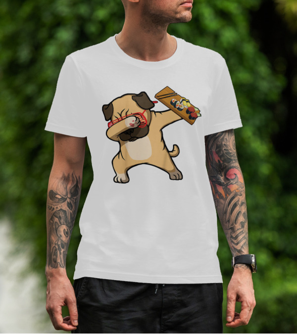 Dabbing Pug With Sushi Plate And Chopstick Glasses T-Shirt