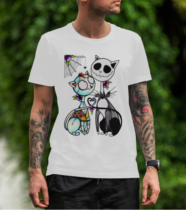 Cat Version Of Jack Skellington And Sally With Spider Web And Flowers T-Shirt