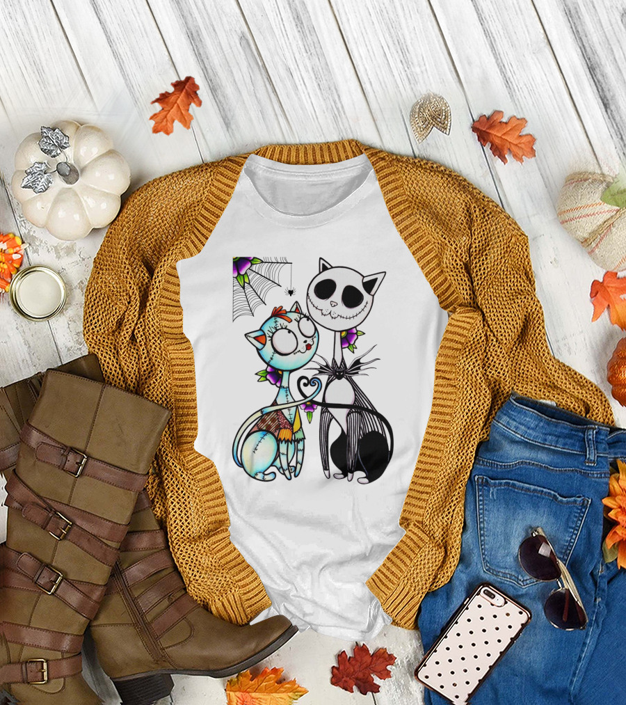 Cat Version of Jack Skellington and Sally with Spider Web and Flowers T-Shirt