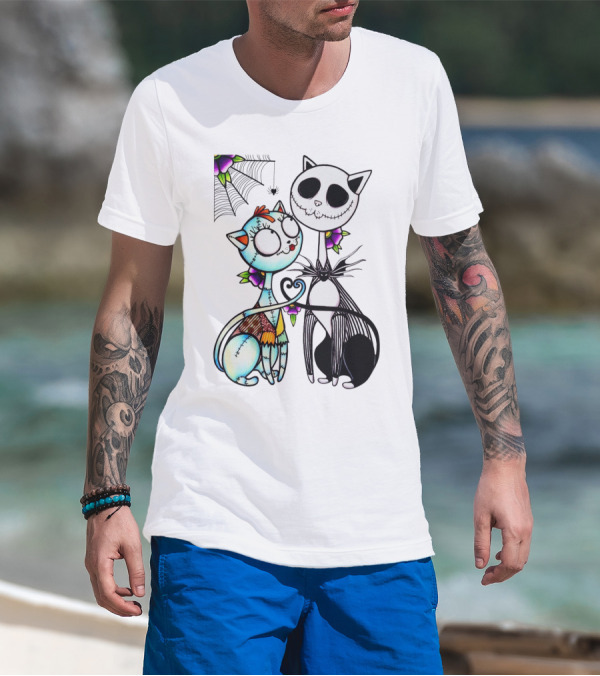 Cat Version Of Jack Skellington And Sally With Spider Web And Flowers T-Shirt