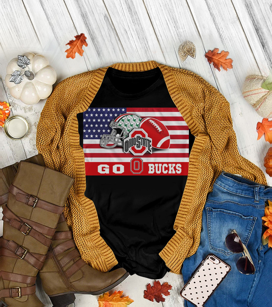 Ohio State Buckeyes Go Bucks American Flag Football Helmet T-Shirt