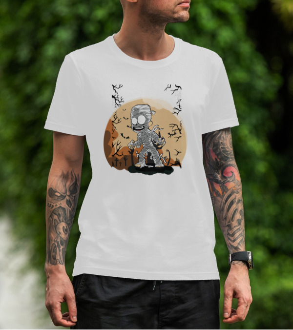 Halloween Zombies Mummy With Moon Tombs And Spooky Trees T-Shirt