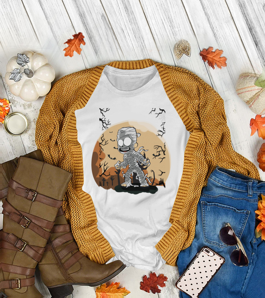 Halloween Zombies Mummy with Moon Tombs and Spooky Trees T-Shirt