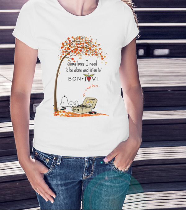 Snoopy Relaxing Under Autumn Tree Listening To Bon Jovi Vinyl Record T-Shirt