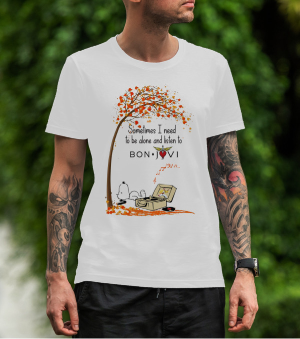 Snoopy Relaxing Under Autumn Tree Listening To Bon Jovi Vinyl Record T-Shirt