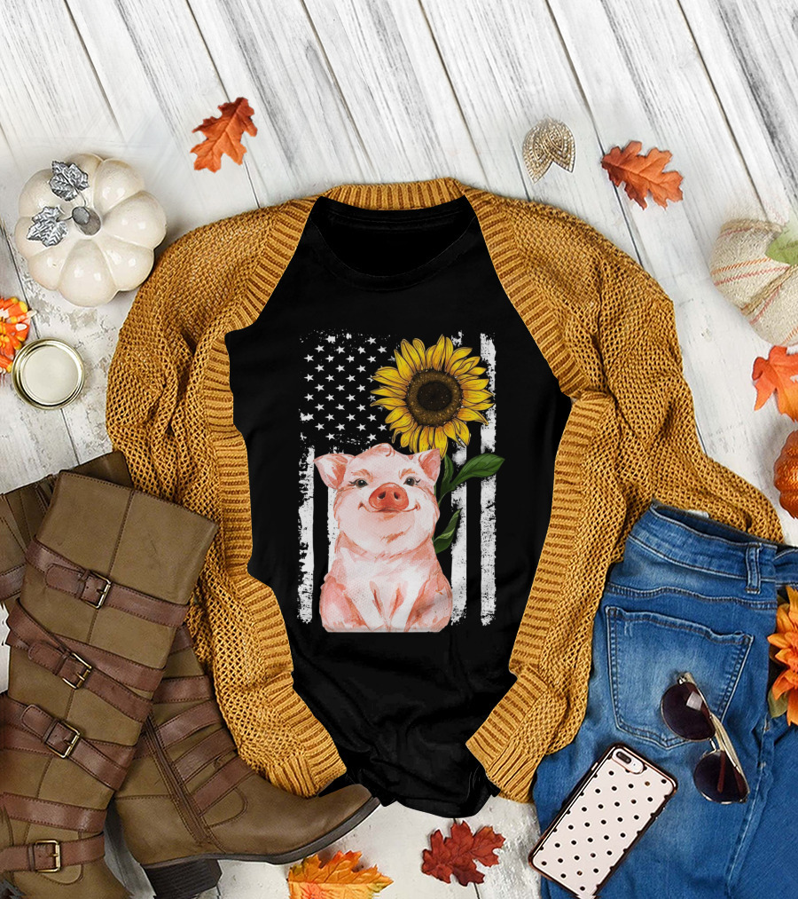 American Flag Sunflower Pig Vintage T-Shirt