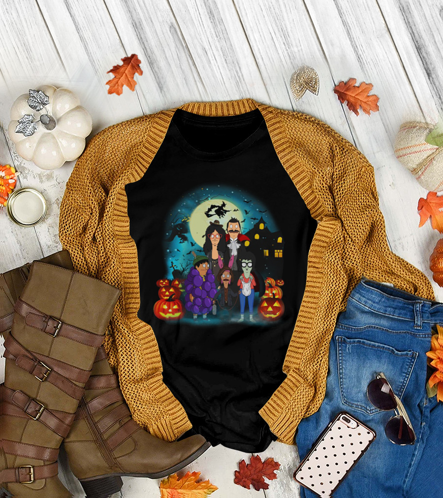 Bob's Burgers Belcher Family Halloween Costumes with Pumpkins and Haunted House T-Shirt
