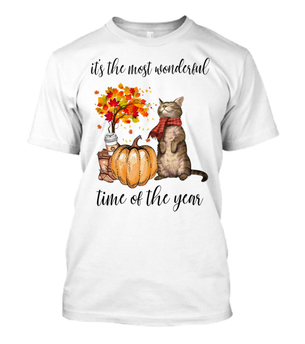 It's The Most Wonderful Time Of The Year Autumn Cat With Scarf And Pumpkin T-Shirt