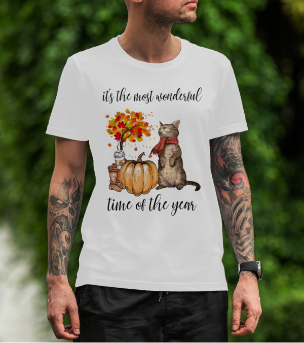 It's The Most Wonderful Time Of The Year Autumn Cat With Scarf And Pumpkin T-Shirt