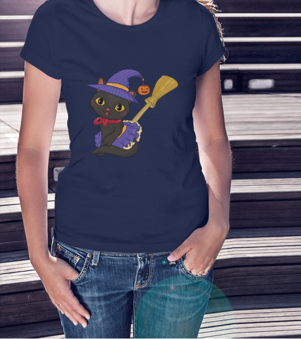 Halloween Black Cat In Witch Hat With Broom And Pumpkin Charm T-Shirt