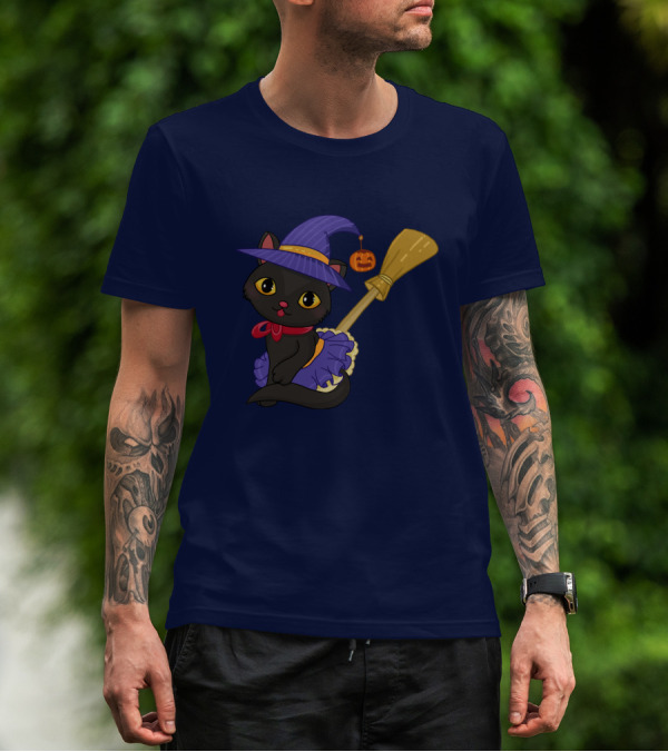 Halloween Black Cat In Witch Hat With Broom And Pumpkin Charm T-Shirt