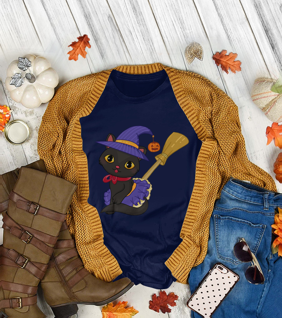 Halloween Black Cat in Witch Hat with Broom and Pumpkin Charm T-Shirt