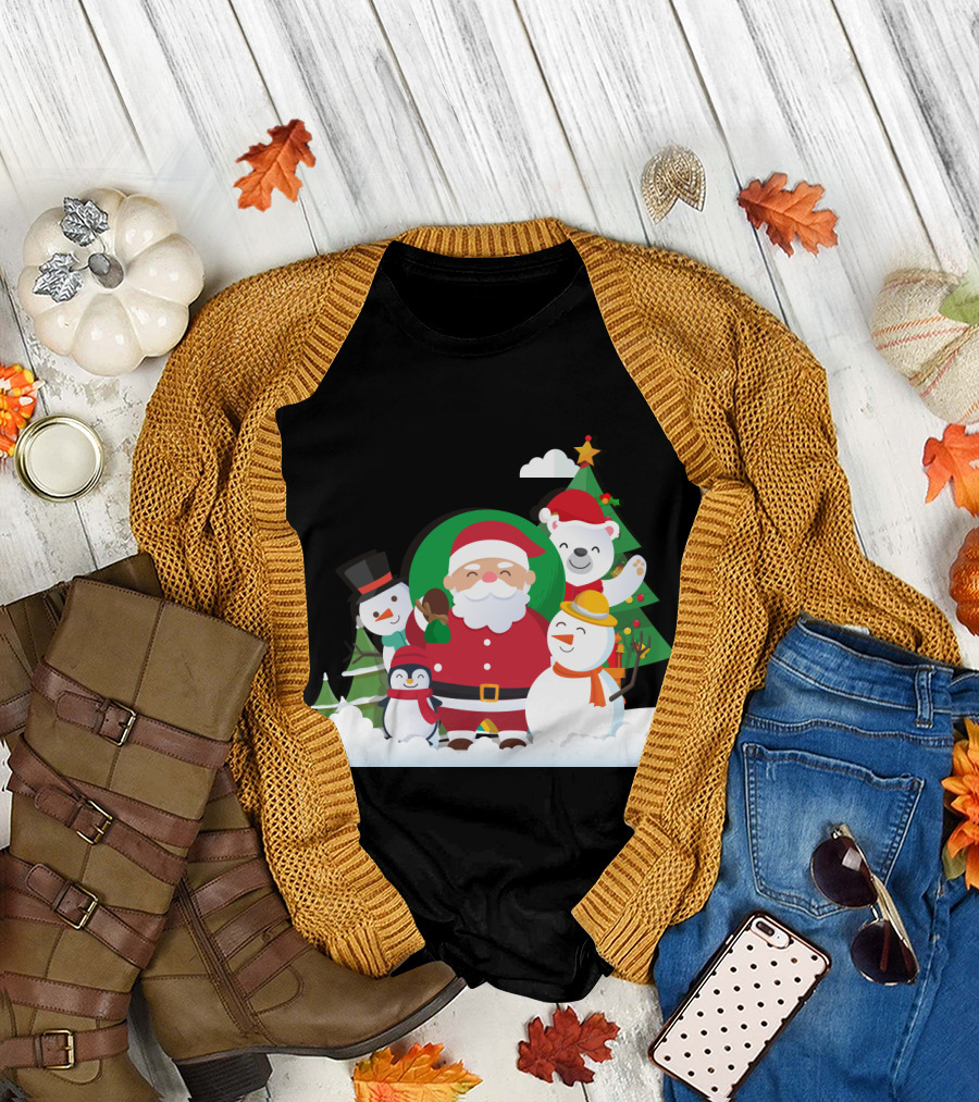 Christmas with Santa Claus Snowman Penguin Polar Bear Festive Scene T-Shirt