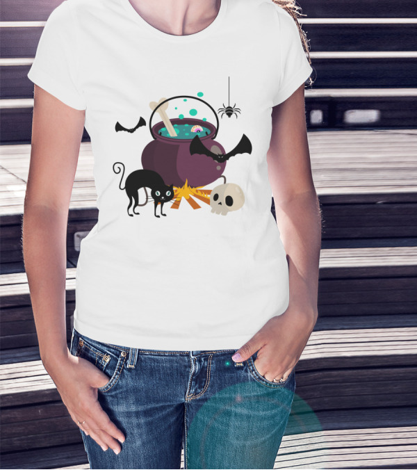 Halloween Black Cat Bat Spider Skull And Magic Potion Cauldron T-Shirt