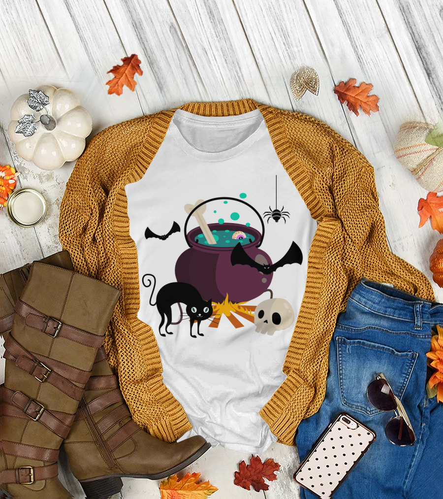 Halloween Black Cat Bat Spider Skull and Magic Potion Cauldron T-Shirt