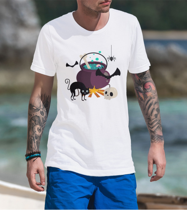 Halloween Black Cat Bat Spider Skull And Magic Potion Cauldron T-Shirt