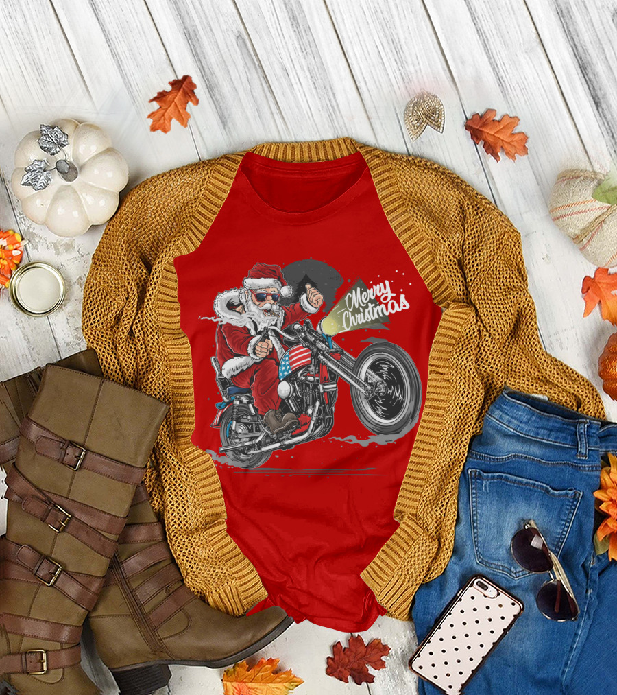 Merry Christmas Santa Claus Motorcycle USA America T-Shirt