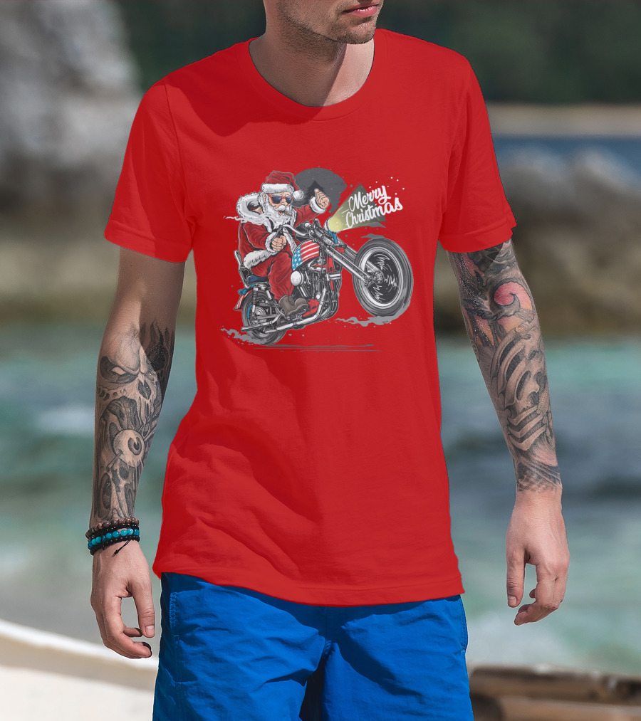 Merry Christmas Santa Claus Motorcycle USA America T-Shirt