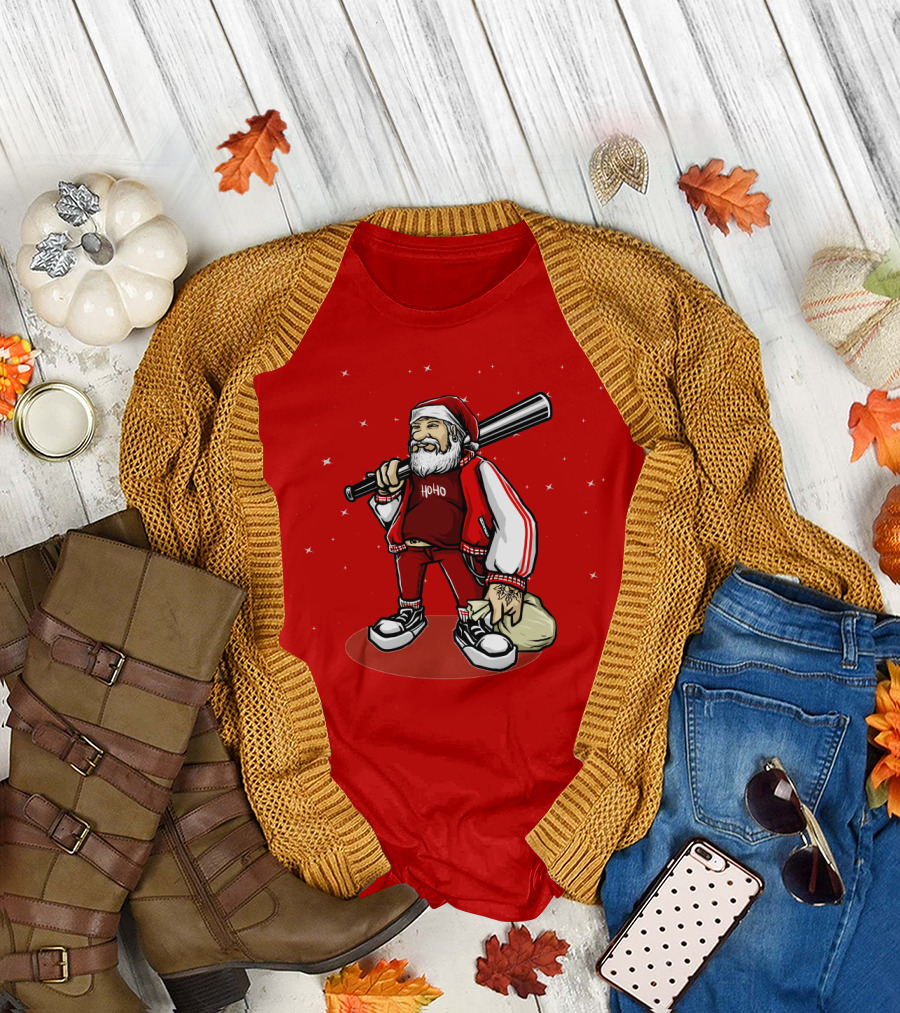 Santa Ho Ho Gangster Style with Baseball Bat and Bag T-Shirt