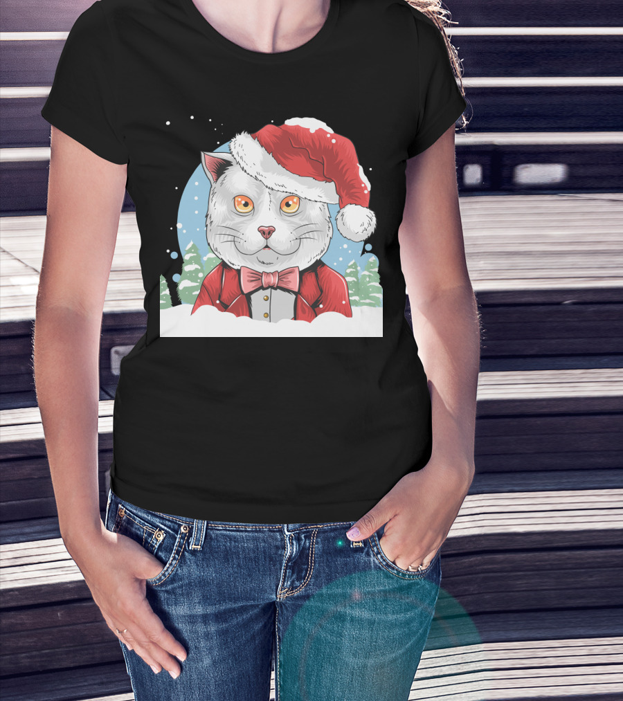 Santa Claus Cat In Winter Wonderland Christmas Scene T-Shirt